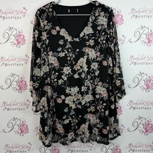 Mini dress or long top , flowers, floral, black cream flowy pink
